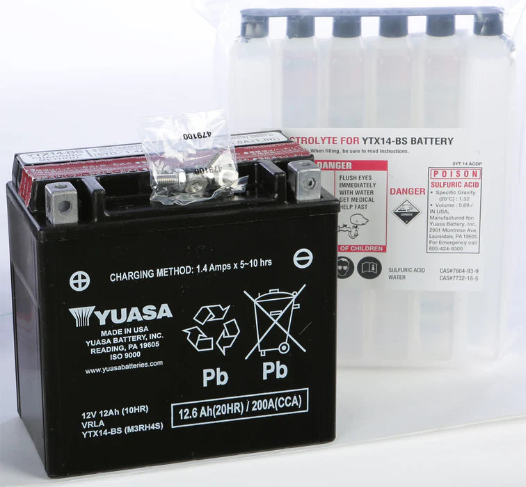 Yuasa YTX14-BS Maintenance Free AGM 12-Volt Battery w/Bottle