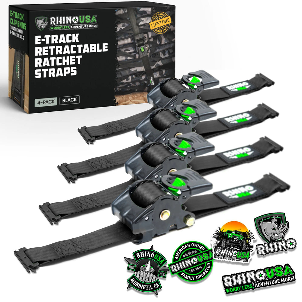 Rhino USA Retractable E-Track Ratchet Straps (4 Pack, 2Inx10Ft) (Black)
