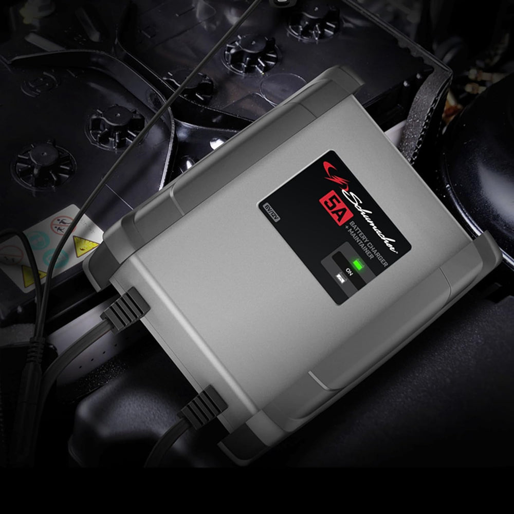 The Schumacher Electric 5 Amps 12 Volt Fully Automatic Battery Charger/Maintainer charges and maintains most battery types. It?s also great for keeping stored batteries charged.