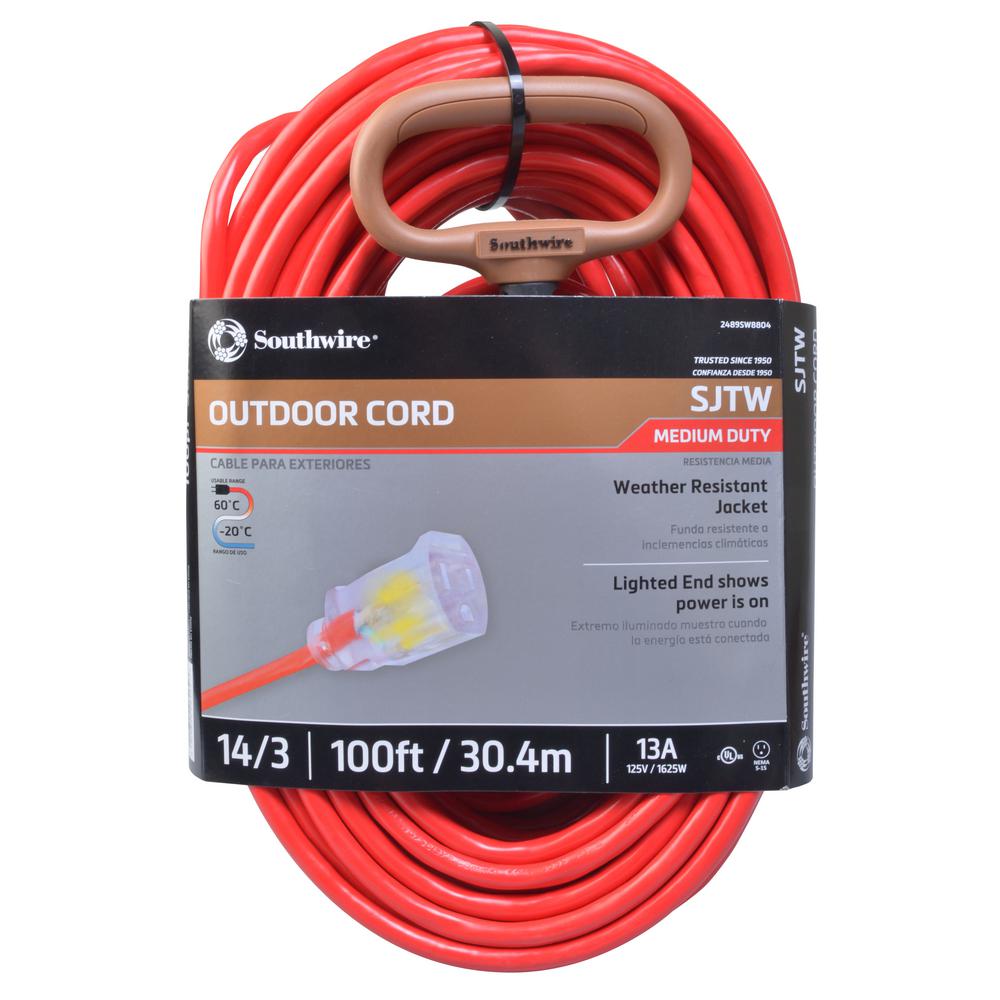 100FT SJTW 14/3 OUTDOOR EXTENSION CORD W/ LIGHTED END (RED)