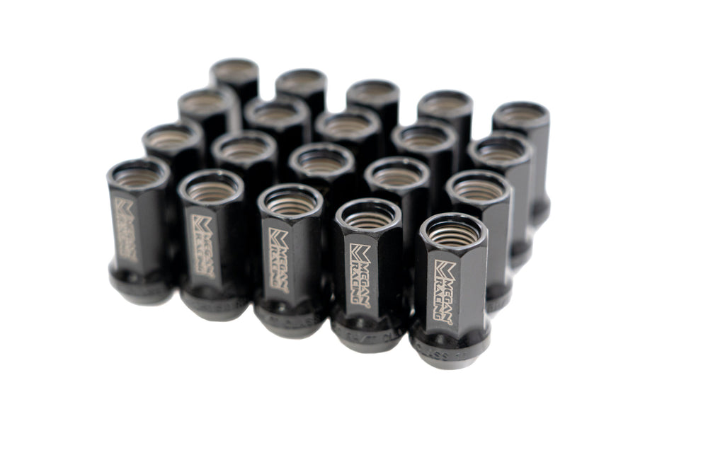 Megan Universal 35mm Heptagon Lug Nuts M12x1.5 (20 1 Key) Black Open-Ended