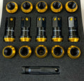 NRG M12x1.25 Steel Lug Nut w/ Gold Al Tip / Dust Cap Cover Set 22pcs Black/ Gold w/ locks / Socket