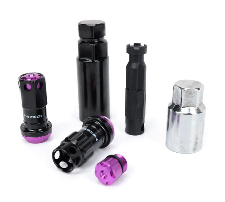 NRG M12x1.5 Steel Lug Nut w/Purple Al Tip / Dust Cap Cover Set 22pcs Black/Purple w/Locks/Socket
