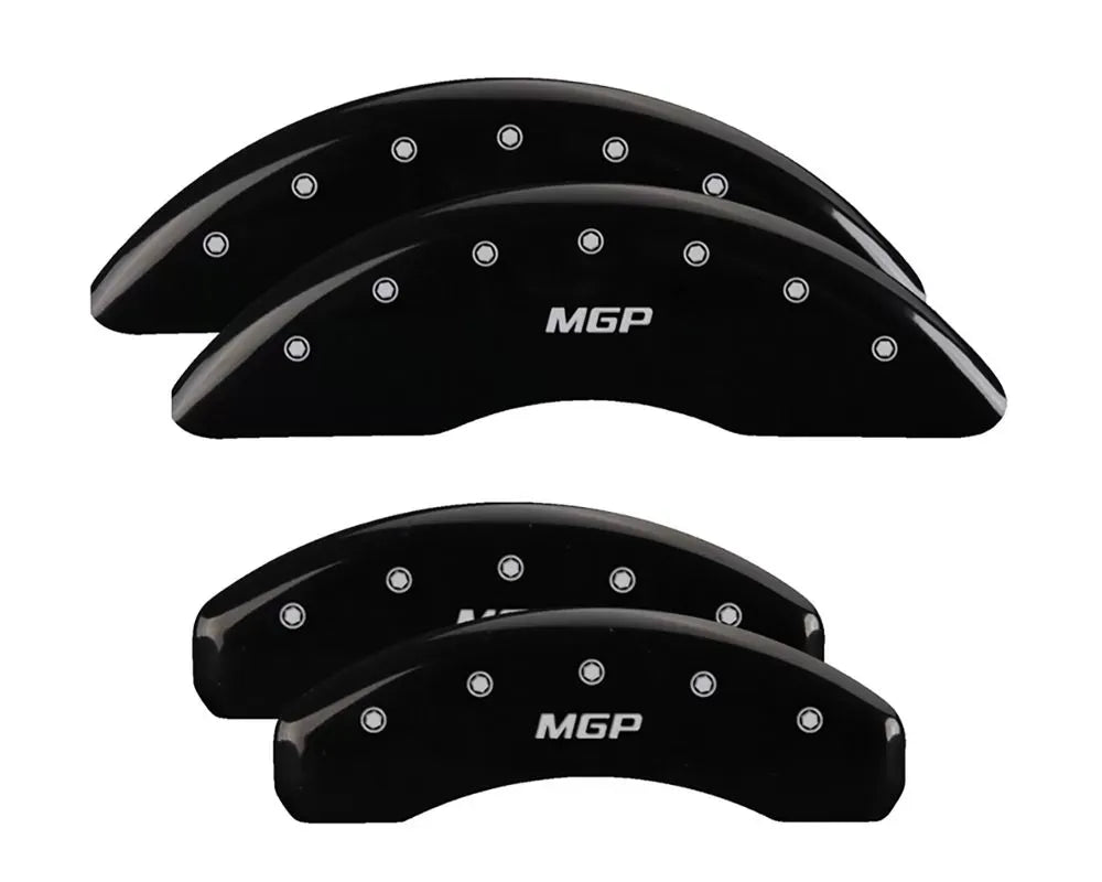 SET OF 4 CALIPER COVERS ENGRAVED FRONT/REAR MGP SILVER CHARACTERS BLACK POWDER