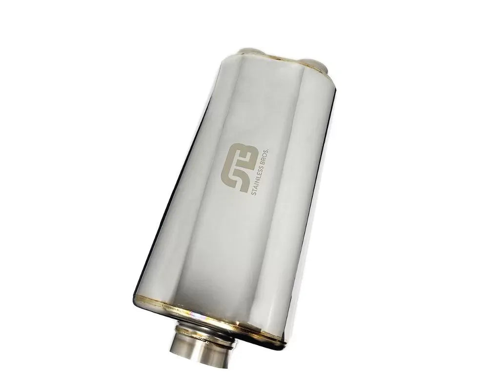 Stainless Bros 17in OAL 2.5in Oval SS304 Polished Finish Muffler - 2.5in Center In/Dual Out