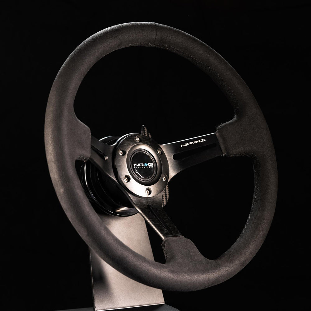 NRG Reinforced Steering Wheel (350mm / 3in. Deep) Black Leather w/ Alcantara Stitching