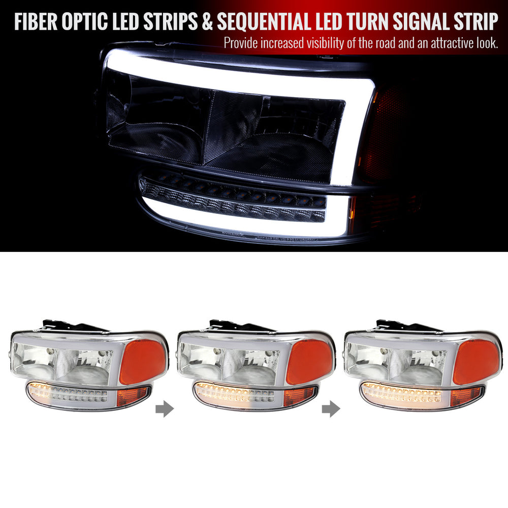 YUKON DENALI HEADLIGHT AND LED BUMER LIGHT CHROME HOUSING AND CLEAR LENS WITH LED BAR