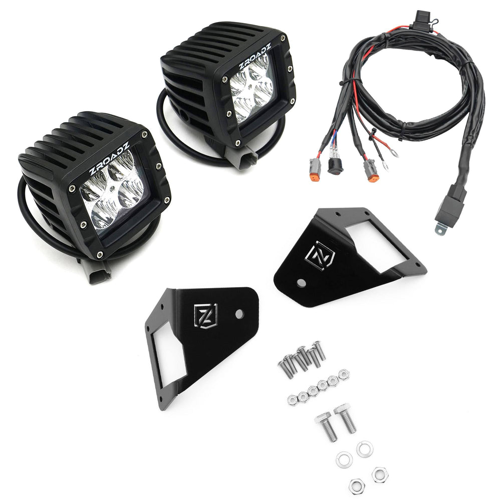 ~(6 lbs. 14X9X8)~ 2007-2017 JEEP WRANGLER JK : Side Mount LED Brackets KIT for Zroadz Front Roof Mounts - with Two 3 IN Cube Led Work Lights (Includes Universal Wiring Harness) - for illumination of Front Sides or Rear of your JEEP