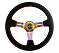 NRG Reinforced Steering Wheel (350mm / 3in. Deep) Blk Suede/Red Stitch w/Neochrome Slits