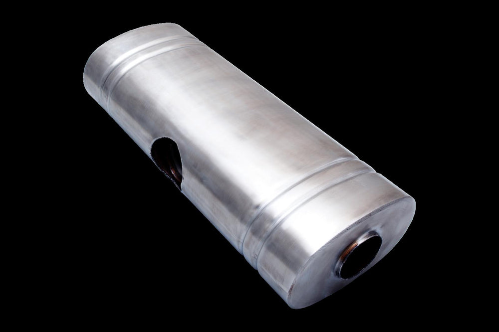 OVAL MUFFLER 8IN X 5IN X 24IN EAST WEST 2.25IN CENTRE INLET DUAL 2IN OUTLET 304