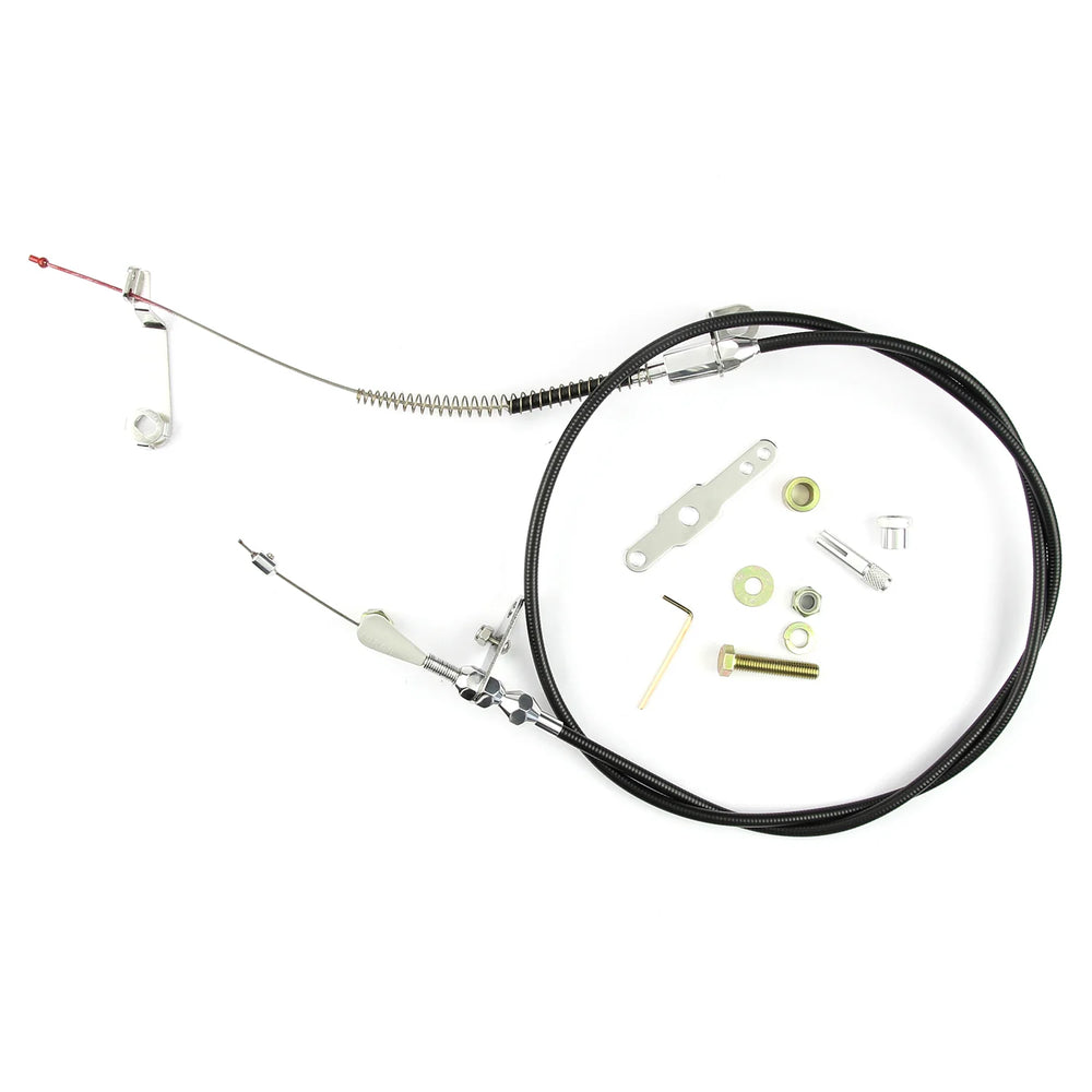 48IN UNIVERSAL BLACK HOUSING AOD BLOWER DRIVE KICKDOWN CABLE W/ POLISHED FITTING
