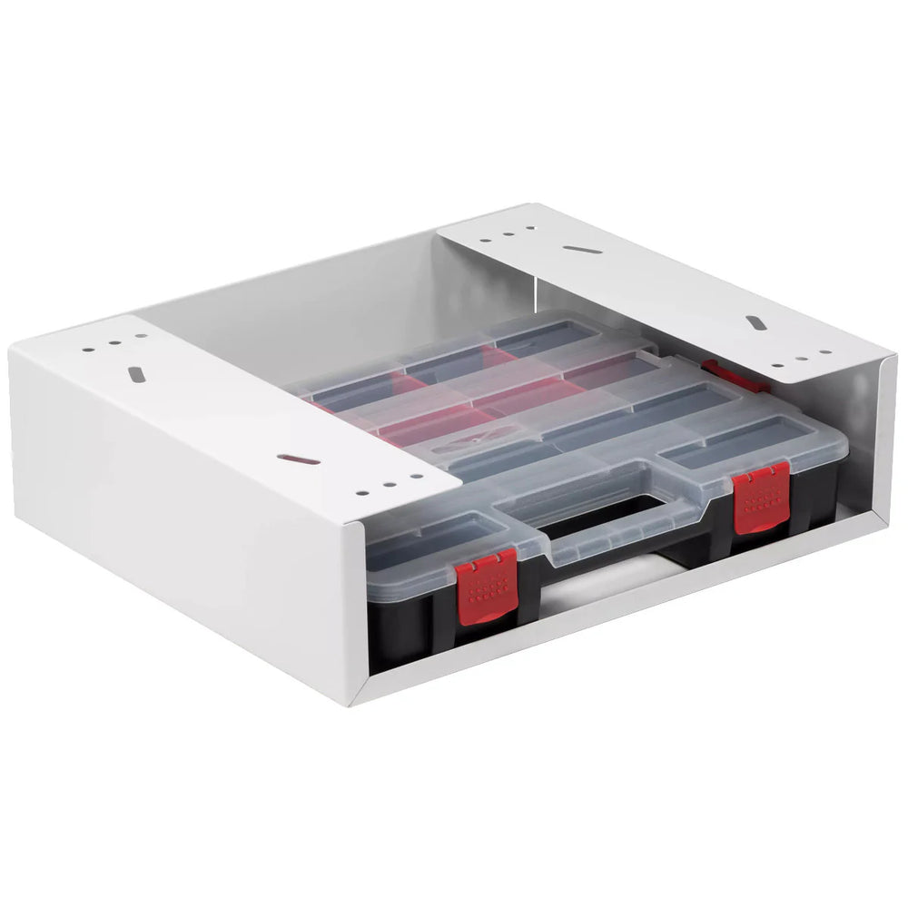 END UNDER SHELF PANEL BRACKET WITH SMALL PARTS ORGANIZER CASE 16 X 4.5 X 13.5IN WHITE STEEL FINISH