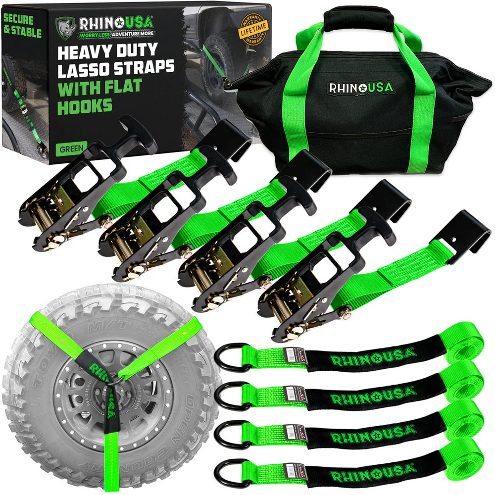 Rhino USA Lasso Straps; Basket Straps - Green - Flat Hook