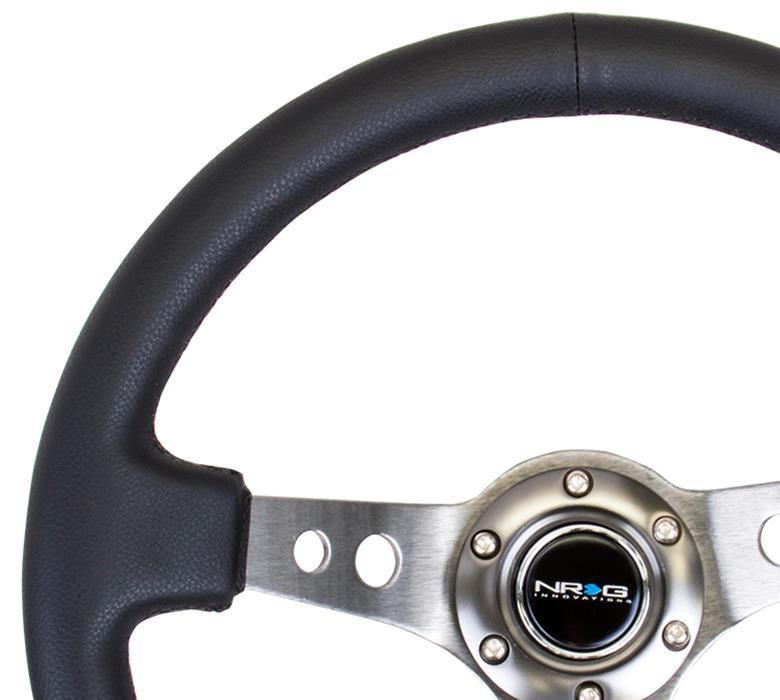 NRG Reinforced Steering Wheel (350mm / 3in. Deep) Blk Leather w/Gunmetal Circle Cutout Spokes