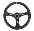 NRG Reinforced Steering Wheel (350mm / 3in. Deep) Blk Leather w/Blk Cutout Spoke/Yellow Center Mark