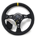 NRG Reinforced Steering Wheel (350mm / 3in. Deep) Blk Leather w/Blk Cutout Spoke/Yellow Center Mark