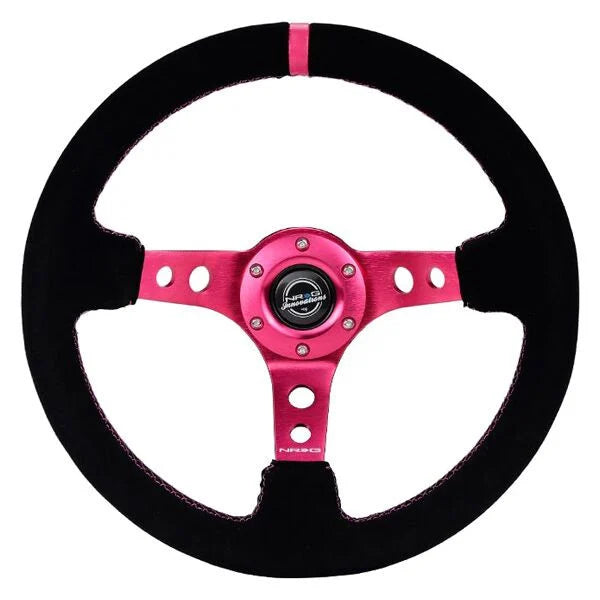 NRG Reinforced Steering Wheel (350mm/ 3in. Deep) Black Suede/ Fushia Center Mark/ Fushia Stitching