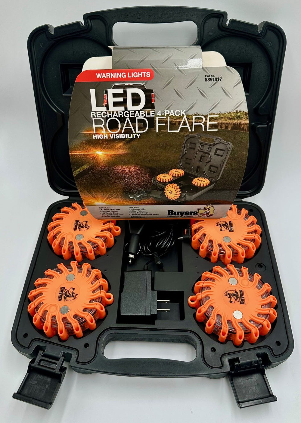 4 INCH ROUND RECHARGEABLE STROBE/FLARE KIT WITH 4 FLARES AND CHARGING CASE