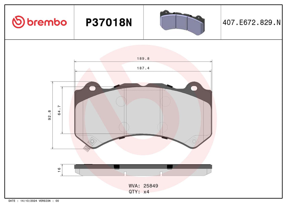 Brembo 09-18 Nissan GT-R/10-15 Dodge Challenger/Charger Premium NAO Ceramic OE Equivalent Pad - Fr