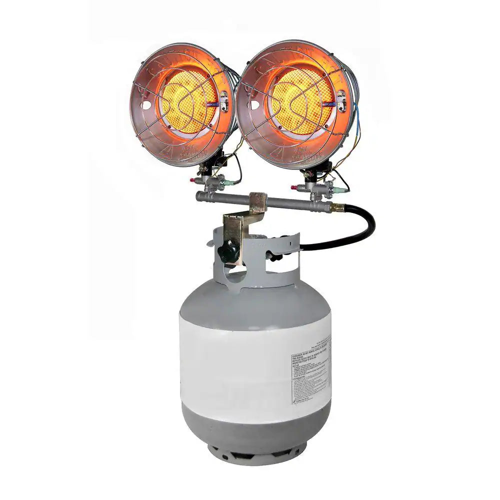 DYNAGLO DUAL BURNER LP TANK TOP HEATER W/TIP OVER SAFETY SW 900030000 BTU 25FT HEATING RADIUS