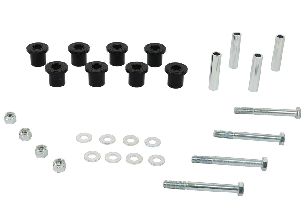 Spring - shackle bushing 8 Bushings 4 Tubes 4 Bolts 8 Washers 4 Nuts Install Guide Grease