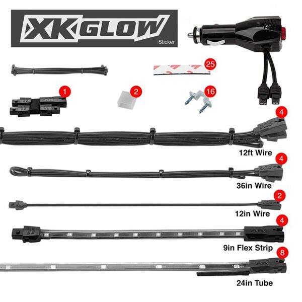 XK Glow Strip Single Color Underglow LED Accent Light Car/Truck Kit Amber - 8x24In Tube + 4x8In