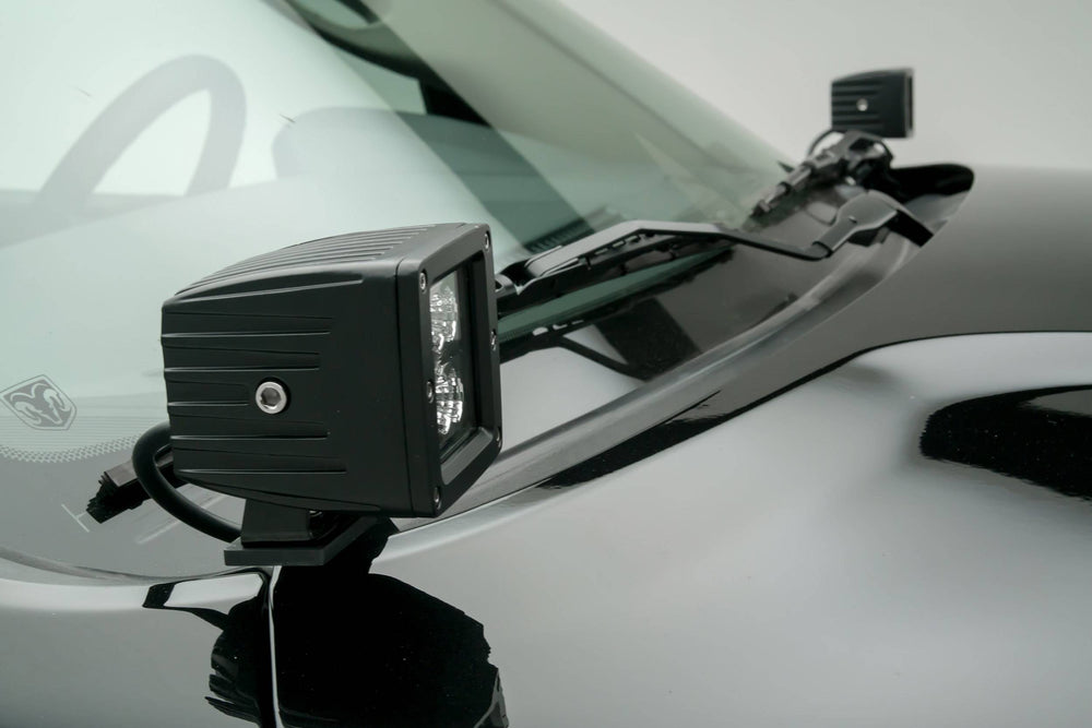 ~(4 lbs. 18X8X3)~ 2009-2017 DODGE RAM 1500: Hood Hinges LED Light Bar Mounts - By A Pillar - for mounting Two 3 IN Zroadz Cube Pod Work Lights or Similar Style Light - Bolts On to Hood Hinges - Easy Install