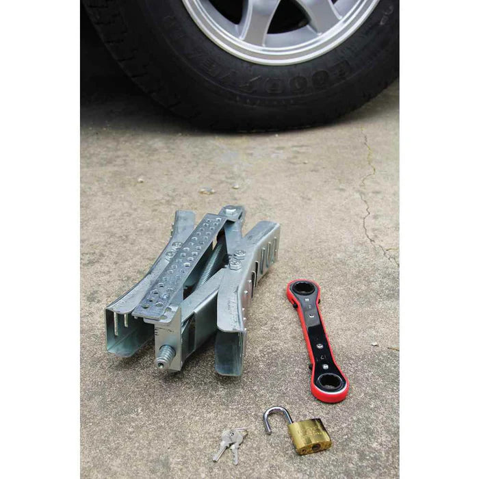10IN WHEEL STOP W/WRENCH AND LOCK METAL