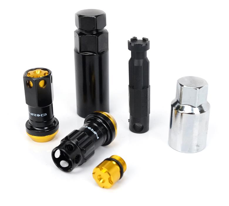 NRG M12X1.5 Steel Lug Nut w/ Gold Al Tip / Dust Cap Cover Set 22 Pcs Black/ Gold w/ Locks/ Socket