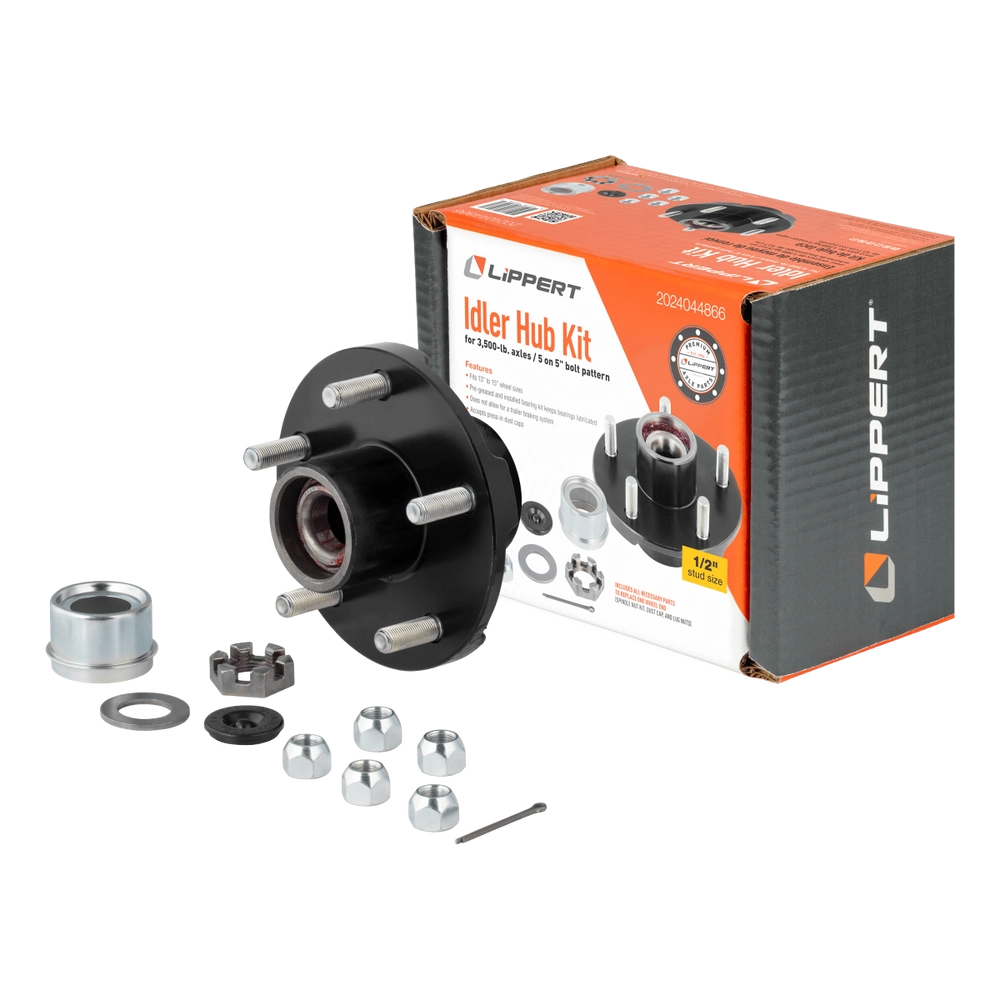 IDLER HUB COMPLETE KIT WITH INSTALLED BEARINGS3.5K LB AXLES 5 ON 5IN BOLT PATTERN 1/2IN STUD SIZE