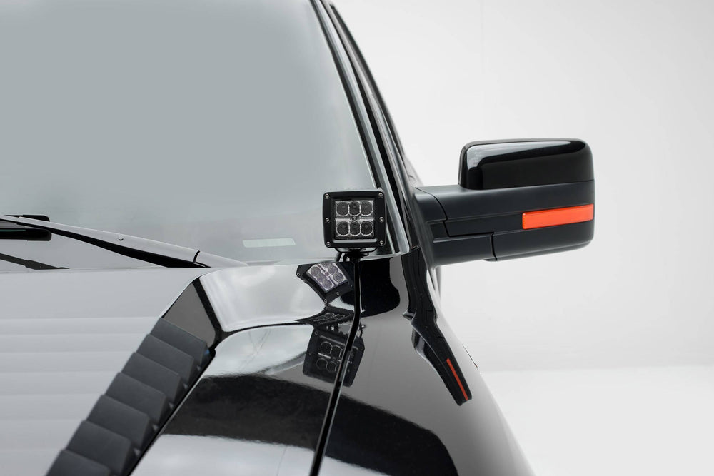 ~(4 lbs. 12X7X7)~ 2004-2014 FORD F150: Hood Hinges LED Light Bar Mounts - By A Pillar - for mounting Two 3 IN Zroadz Cube Pod Work Lights or Similar Style Light - Bolts On to Hood Hinges - Easy Install