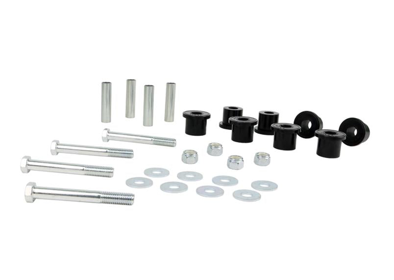 Spring - eye front and rear bushing 8 Bushings 4 Tubes 4 Bolts 8 Washers 4 Nuts Install Guide Grease