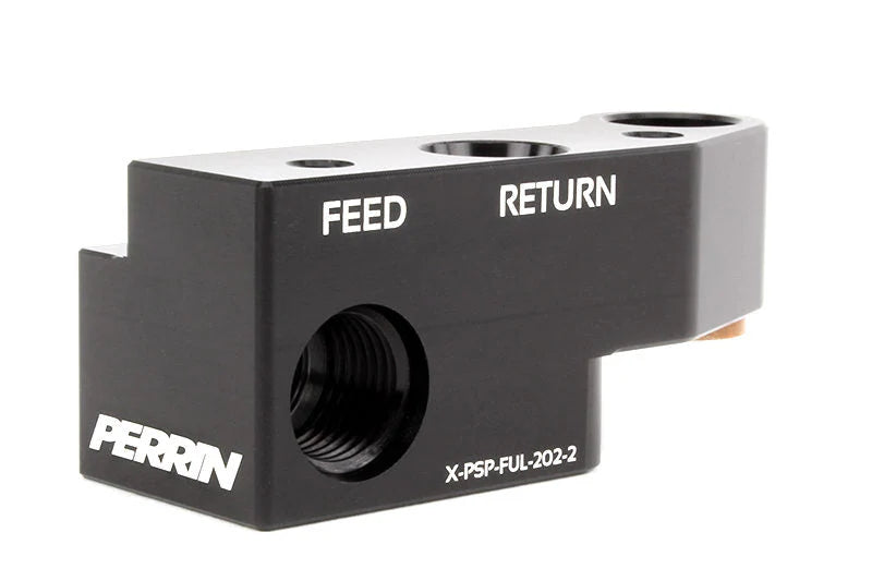 Perrin Subaru 02-14 WRX/07+ STi Black Junc. Block for Side Feed Fuel Rail w/Pass Through -6 Fittings