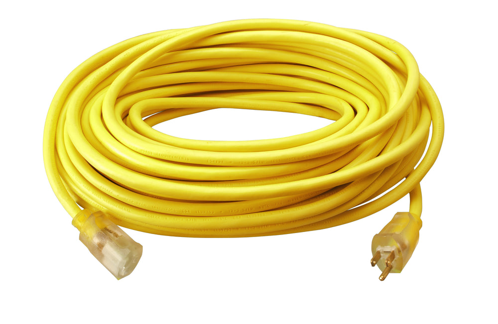 50FT SJTW 12/3 OUTDOOR EXTENSION CORD W/ LIGHTED END (YELLOW)