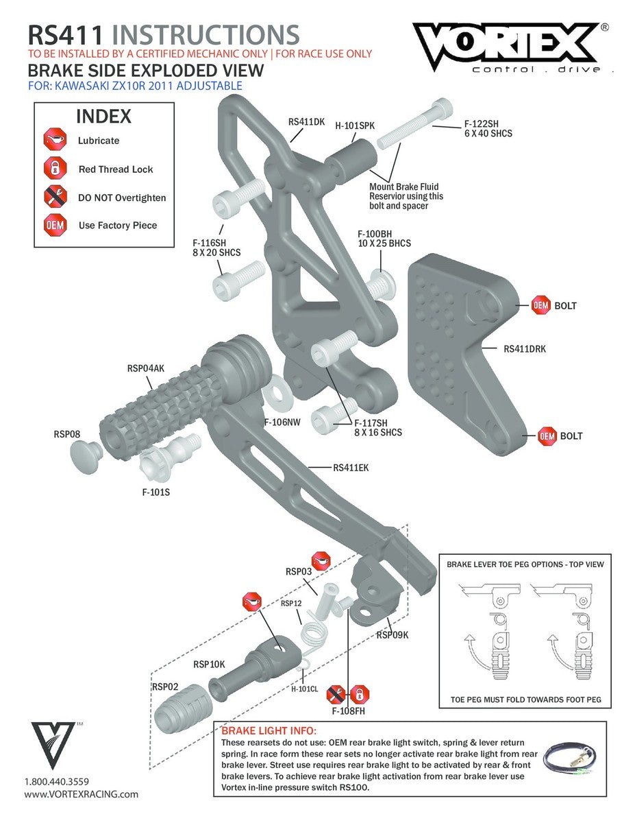 Vortex Racing Rearsets Replacement Brake Pedal- Black