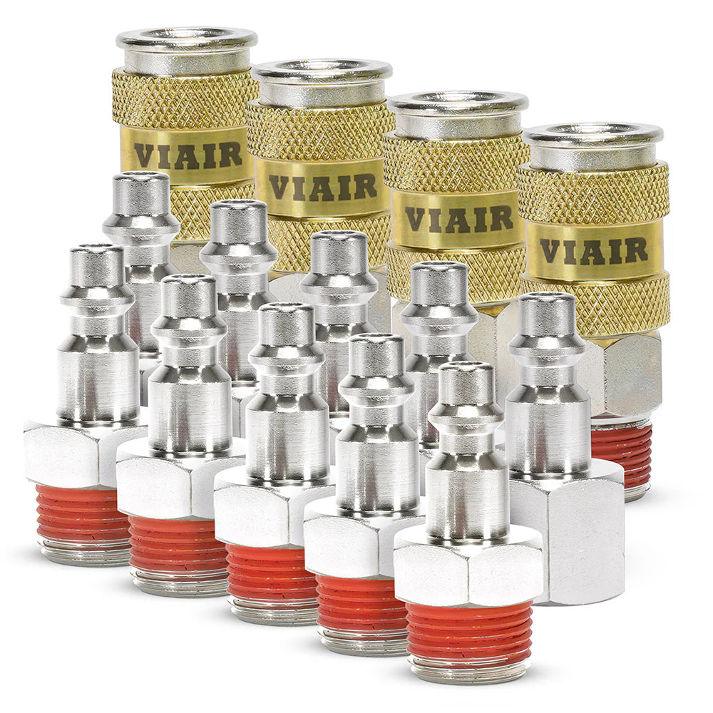 COUPLERS HIGH FLOW 3/8IN NPT M(2)& F(2)QUICK CONNECT STUDS 3/8IN M(5)& F(5)WITH VIAIR LOGO