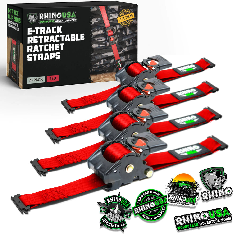 Rhino USA Retractable E-Track Ratchet Straps (2 Pack, 2Inx10Ft) (Red)