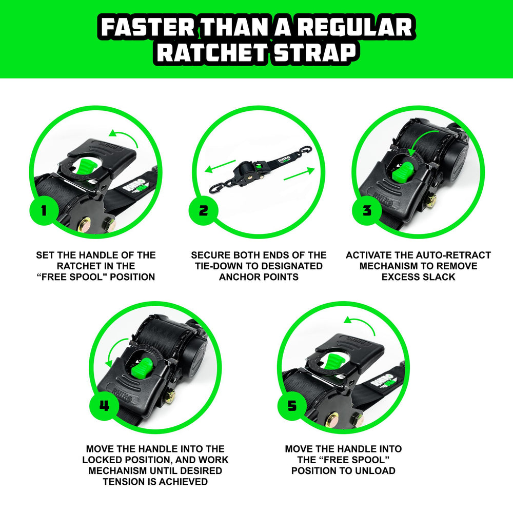 Rhino USA Retractable Ratchet Straps (2Pk 2Inx10Ft) (Green)