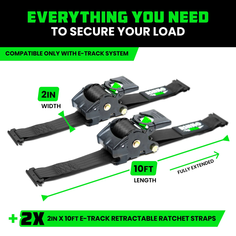 Rhino USA Retractable E-Track Ratchet Straps (2 Pack, 2Inx10Ft) (Black)