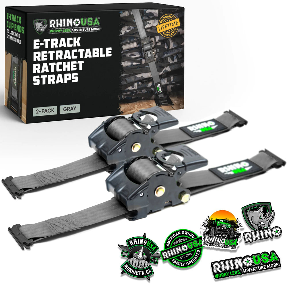 Rhino USA Retractable E-Track Ratchet Straps (2 Pack, 2Inx10Ft) (Gray)