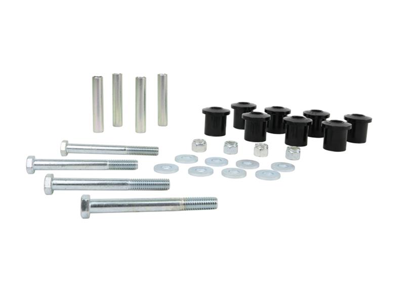 Spring - shackle bushing 8 Bushings 4 Tubes 4 Bolts 8 Washers 4 Nuts Grease