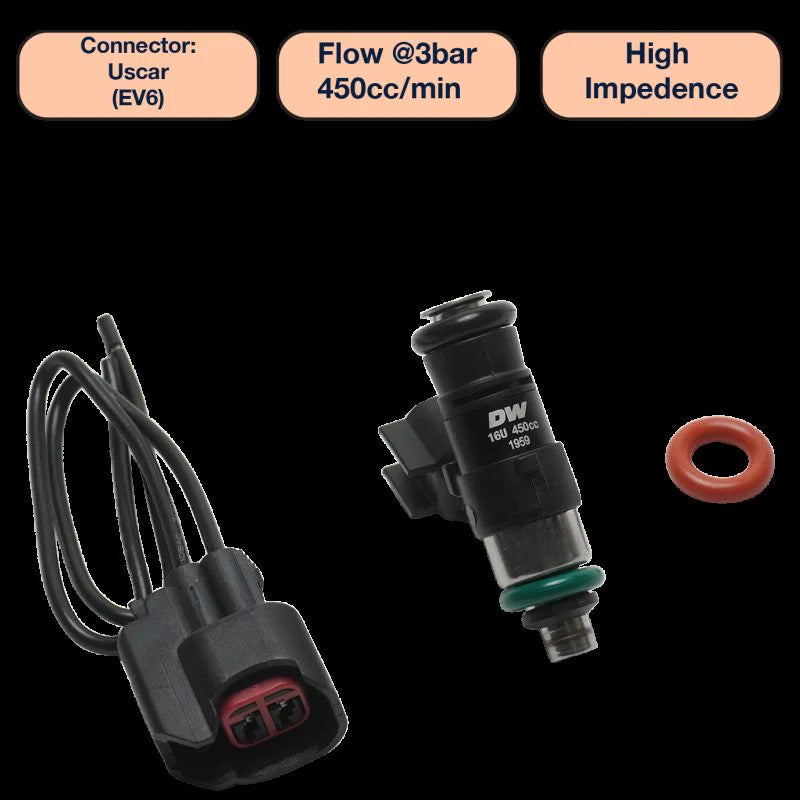 DeatschWerks Universal 450cc Single Fuel Injector / 34mm Length / 14mm O-Ring Seals
