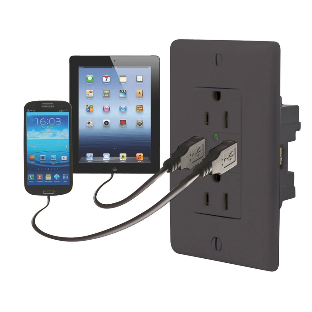 120V DOUBLE USB CHARGER DOUBLE OUTLET BLACK