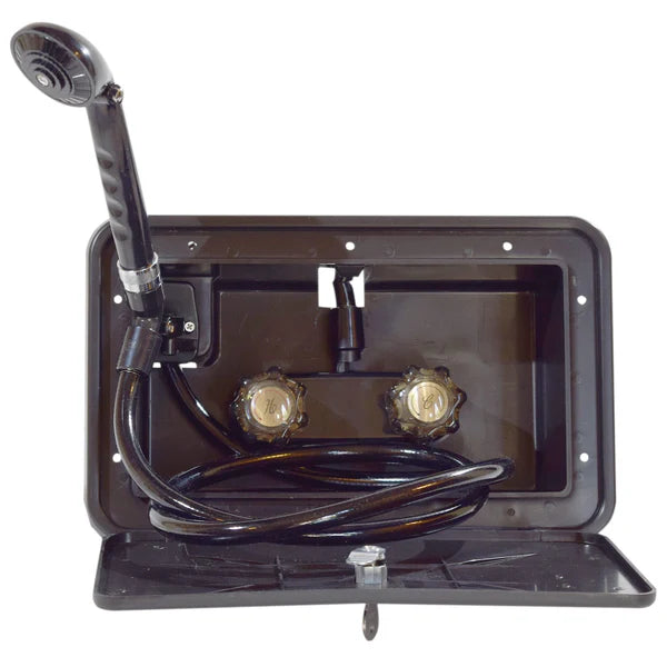EXTERIOR SHOWER BOX WITH 59IN VINYL HOSE 1/4 TURN PLASTIC BLACK