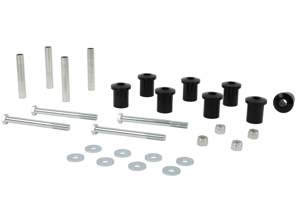 Spring - eye front rear and shackle bushing 8 Bushings 4 Tubes 4 Bolts 8 Washers 4 Nuts Grease