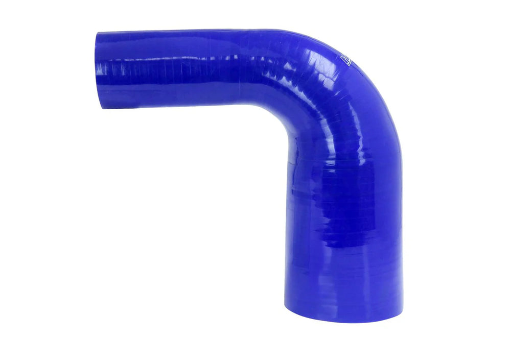 HPS Performance 2-3/8 - 3-1/8 ID High Temp 4-ply Reinforced Silicone 90 Degree Elbow Reducer Hose Blue (60mm - 80mm ID)