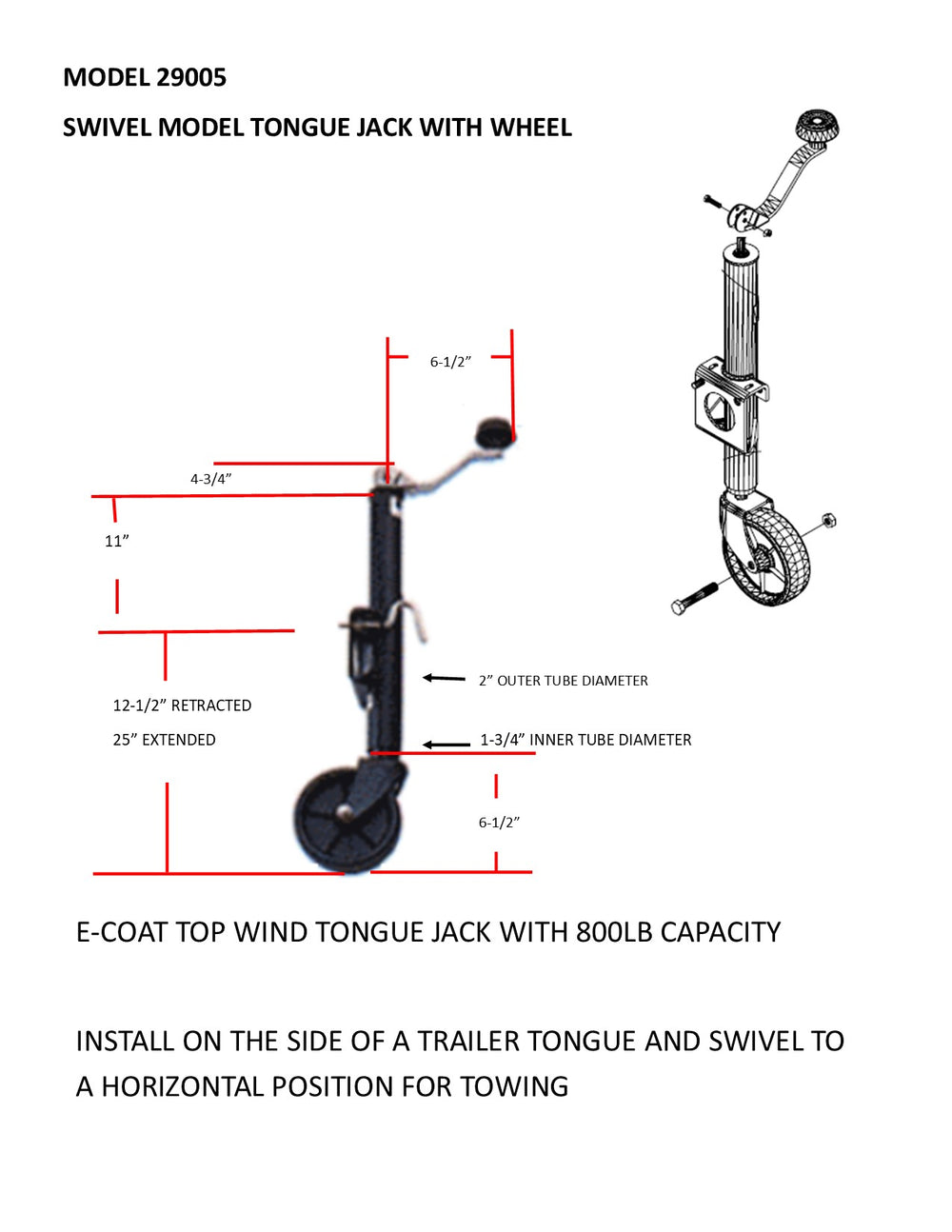 SWIVEL JACK 800 LB. FOR FLEETWOOD FOLDING CAMPERS (COLEMAN)