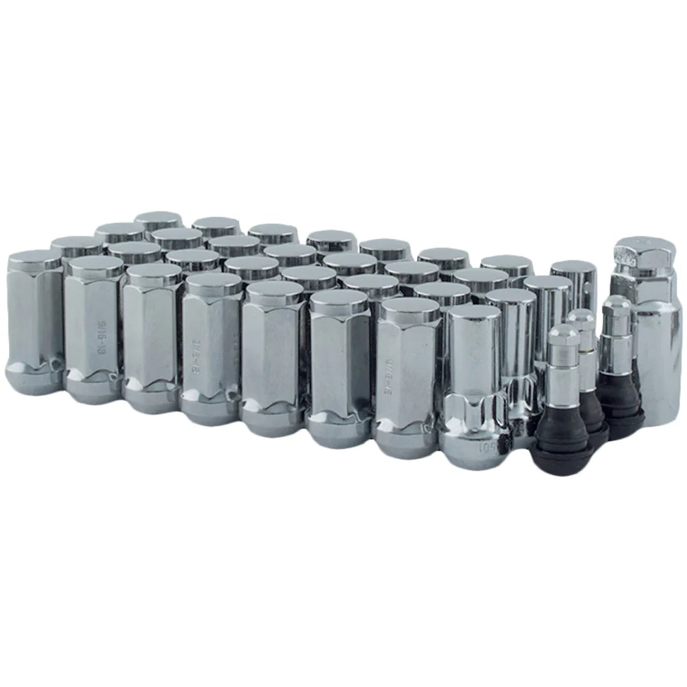 8 LUG KIT(32 LUGS TOTAL) CLOSED END BULGE INSTALL KITS(XL)CHROME ACORN CONICAL 14X2.00 CLOSED