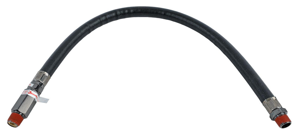 24IN BY 3/8IN S.S. LEADER HOSE W/ BLACK SLEEVE W/ CHECK VALVE (3/8IN M TO 3/8IN M NPT SWIVEL)