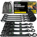 Rhino USA Heavy Duty Ratchet Tie-Down 4-Pack (Black) 1.6In X 8Ft